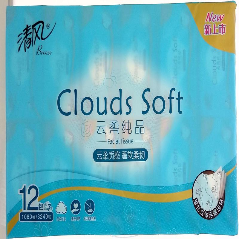 清风云柔纯品抽纸3层90抽12包