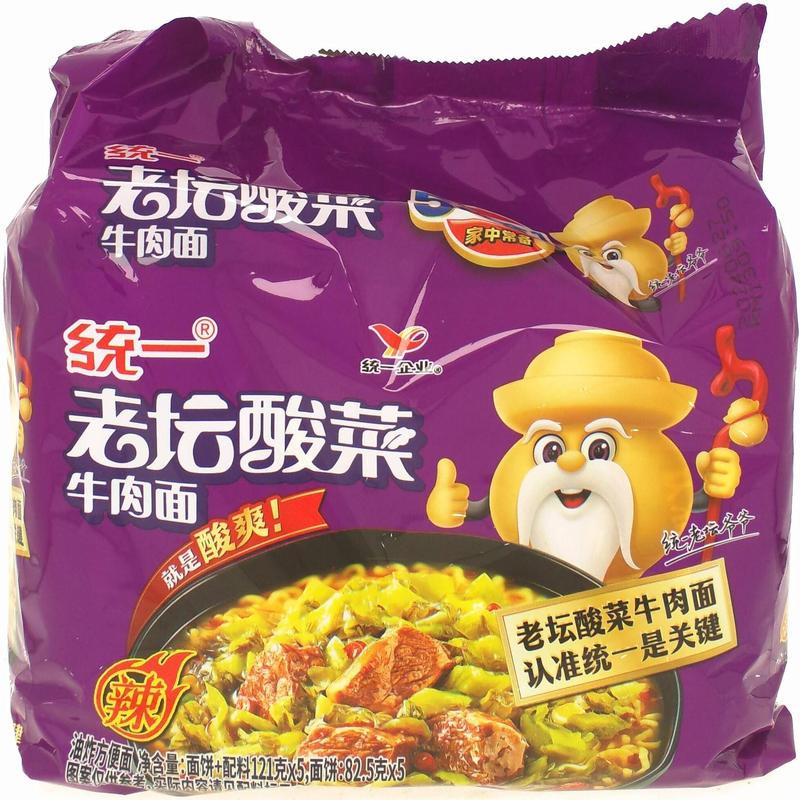 统一 100老坛酸菜牛肉味面 121g*5