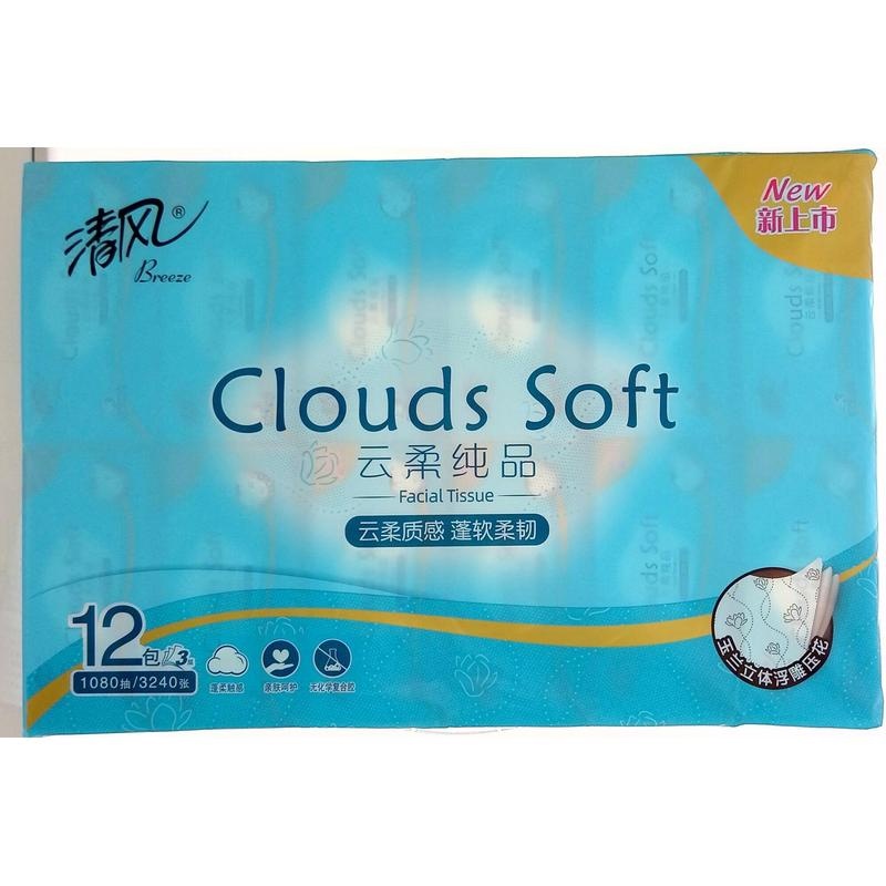 清风云柔纯品抽纸3层90抽12包